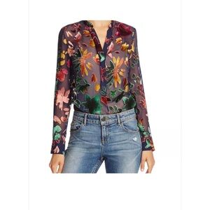 Alice + Olivia Sheer Multicolor Velvety Floral Blouse Size M